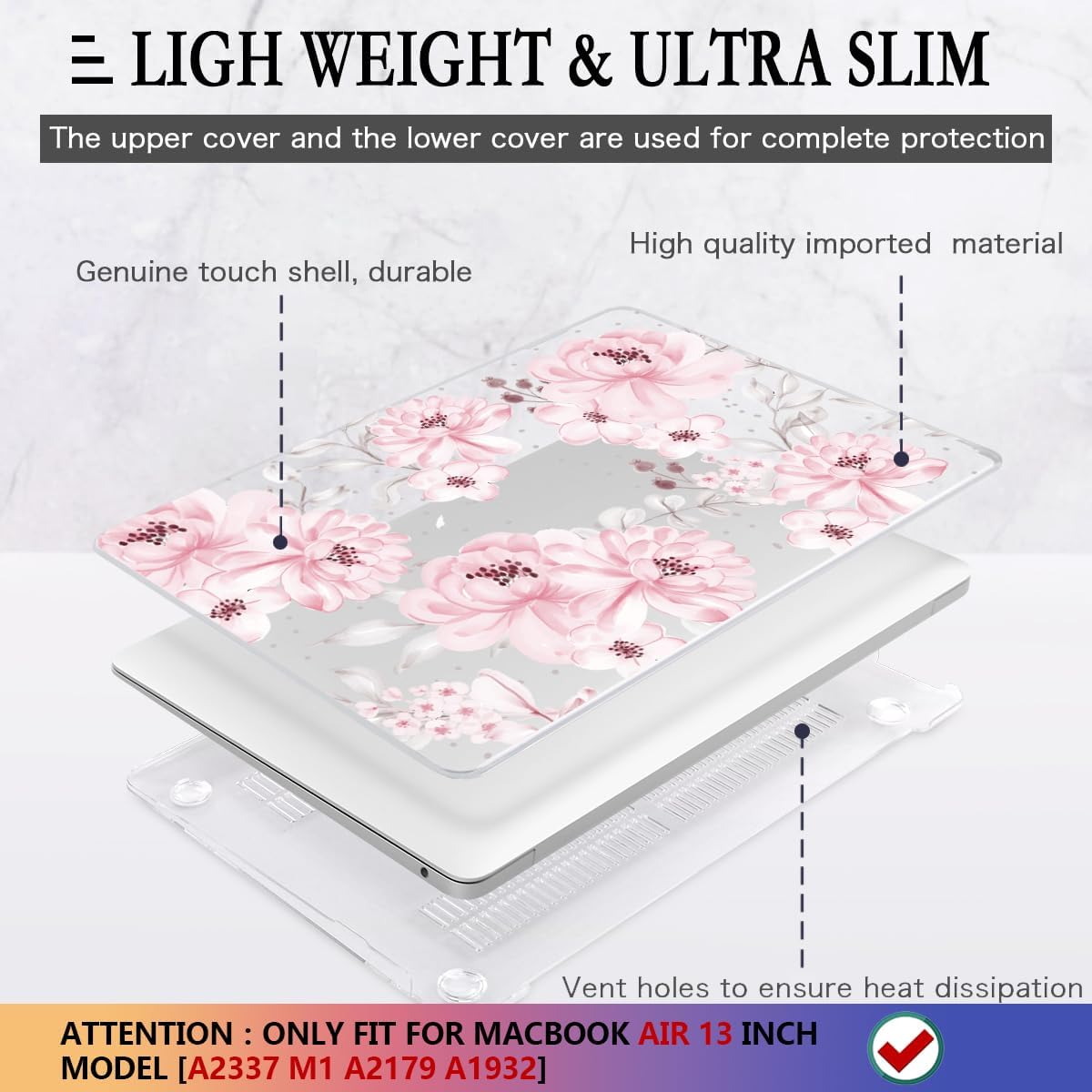 CISSOOK Compatible with MacBook Air 13 inch Case M1 Chip 2021 2020-2028 Release A2337 A2179 A1932 Model with Touch ID, Plastic Hard Shell Case & Keyboard Cover & Screen Protector, Cute Pink Flower