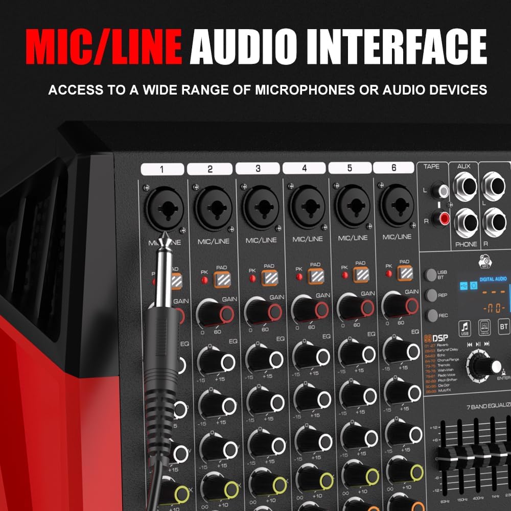 TF600 6-Channel Professional Mixer with Bluetooth Sound Bar with Power Amplifier 2 * 450W Power Output Powered Mixer, 7-Stage Equalizer, 99 DSP Effects, Recording Input USB Drive for Speakers