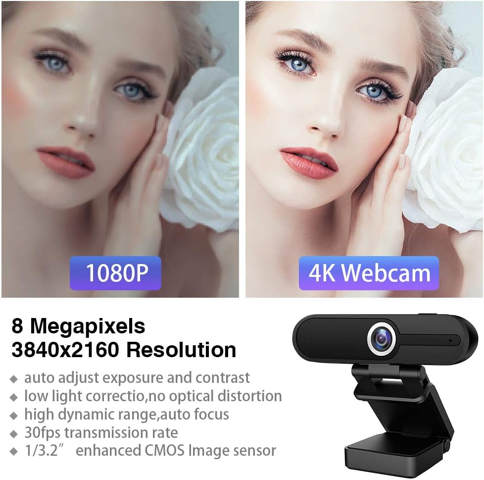 HDZIYU 4K 8MP Webcam with Microphone and Tripod, USB Web Camera for PC and Laptop, Widescreen for Video Calling