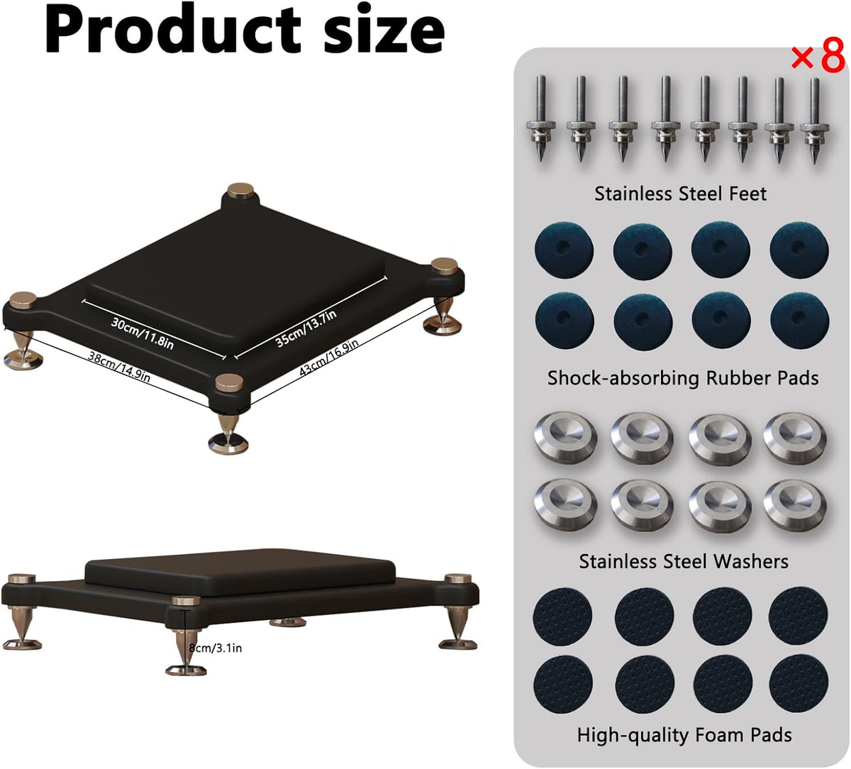 2pcs Subwoofer Isolation Stand, Double-Layered Speaker Isolation Stands with Stainless Steel Metal Feet, Acoustic Speakers Isolation Pad for Floor, Desktop (11.8×13.7in)