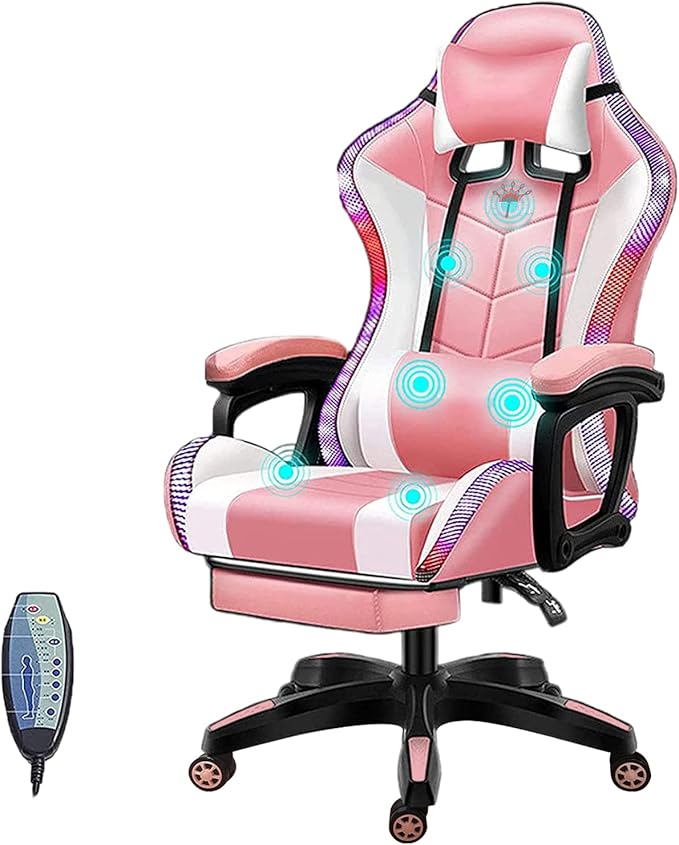 Gaming Chair with Speakers LED Video Game Chair with Footrest Ergonomic Game Chair with Full Massage Lumbar Support Backrest Adjustable Reclining Gamer Chairs for AdultsPink