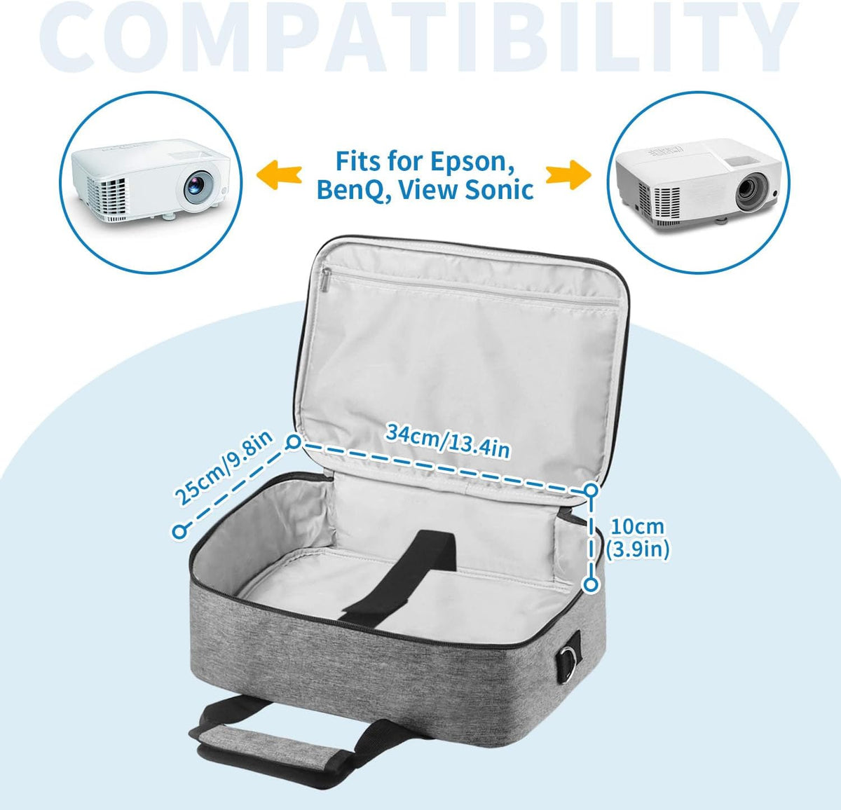 13.4 9.8 3.9in Projector Carrying Case, * * Projector Bag Large Bag with Accessories Pockets Adjustable Shoulder Straps