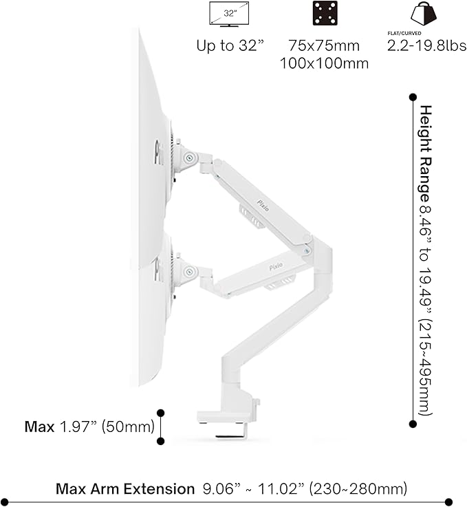 Pixio PXC278WAVE White 27 inch 180Hz Refresh Rate QHD 1440p Resolution 1650R Curve Fast VA Panel 1ms GTG Response Time HDR Curved Gaming Monitor and PS1S Wave White Single Monitor Arm