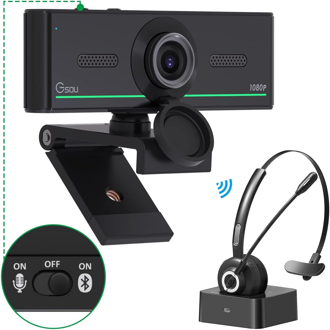 Webcam with Headset and Microphone, 1080P Webcam with Privacy Cover, Plug and Play Web Camera for Desktop Computer Zoom Meetings, Audio Bluetooth only for Headset