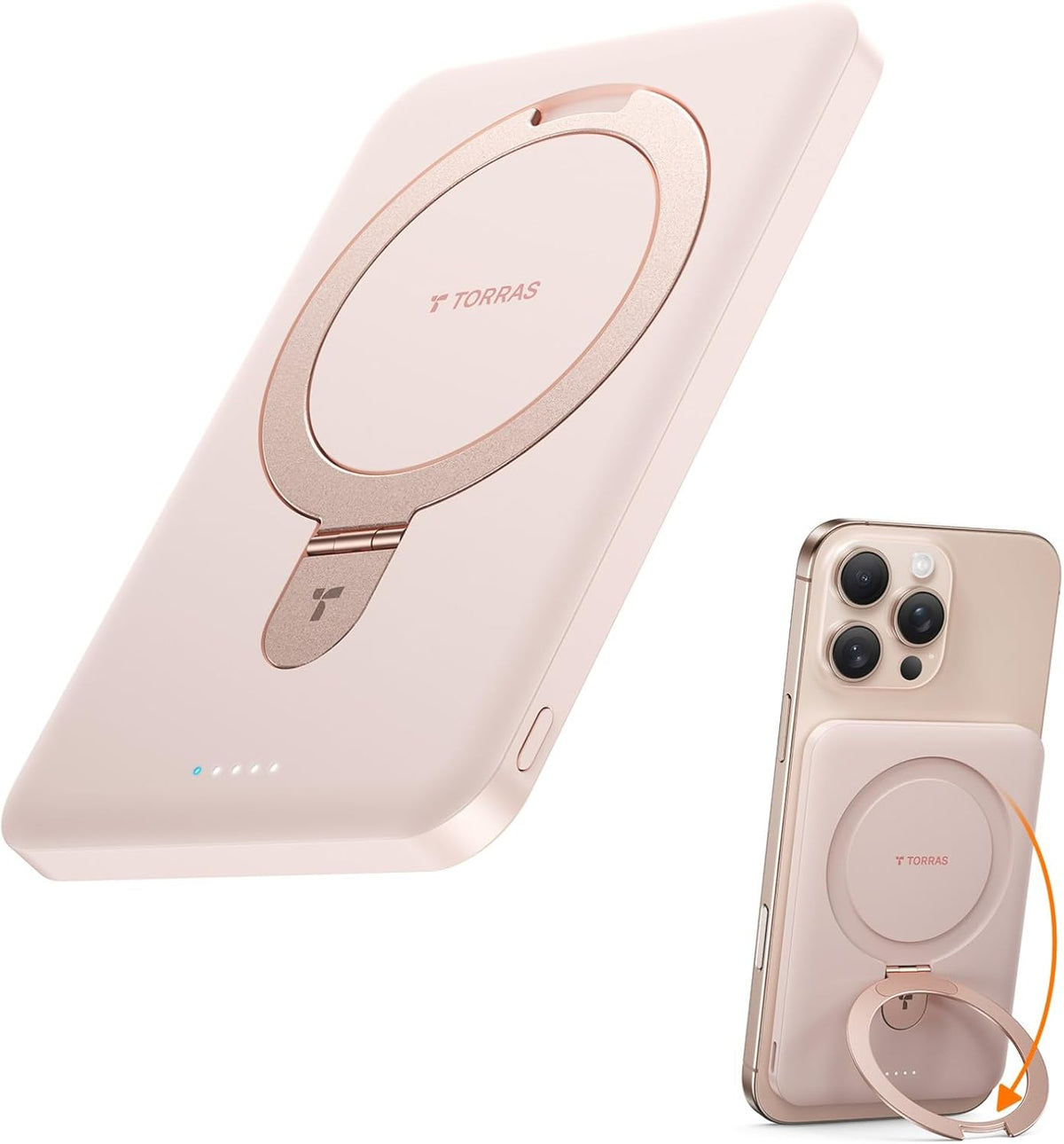TORRAS 0.45" Slim Magnetic Portable Charger Power Bank for iPhone 5000 mAh 22.5W PD Fast Charging Wireless Battery Pack O Stand Compatible with Magsafe, i Phone 16 Pro Max, Pro,15,14,13,12, Rose Gold