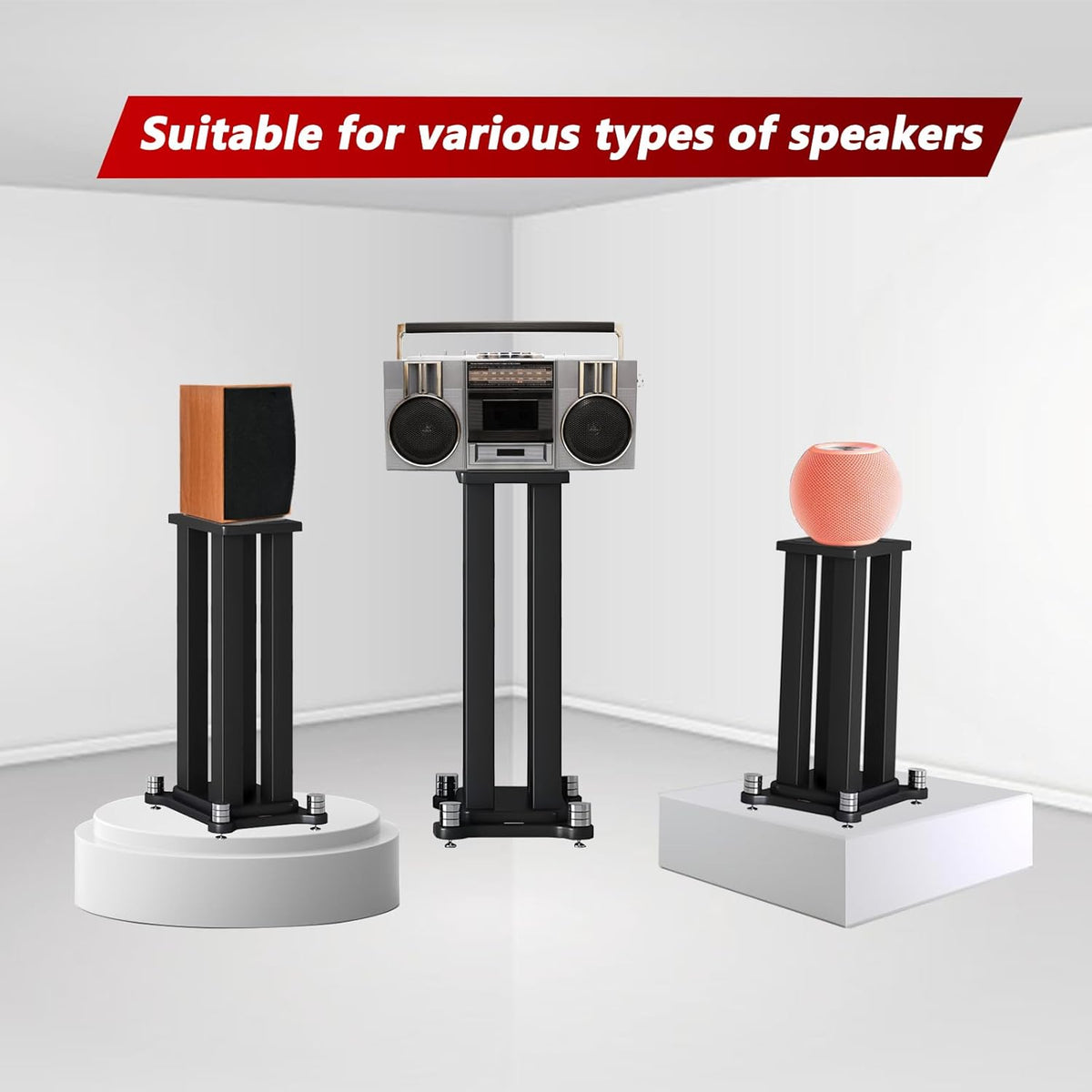 A Pair of Universal Speaker Stands, Heavy Duty Speaker Stands Holds Bookshelf Speaker Satellite Speaker Large Speaker, Vibration-Absorbing MDF Design, Holds 88lbs Speaker (Teak, 30cm/11.8in)