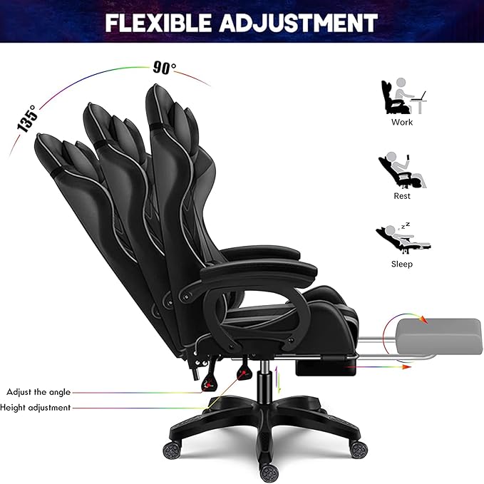 RGB Computer Chair with Footrest Massage Gaming Chair with Speakers Music Video Game Chair with Lumbar Pillow Support and Headrest High Back Gamer Chair Office Chair for Office or GamingWhite