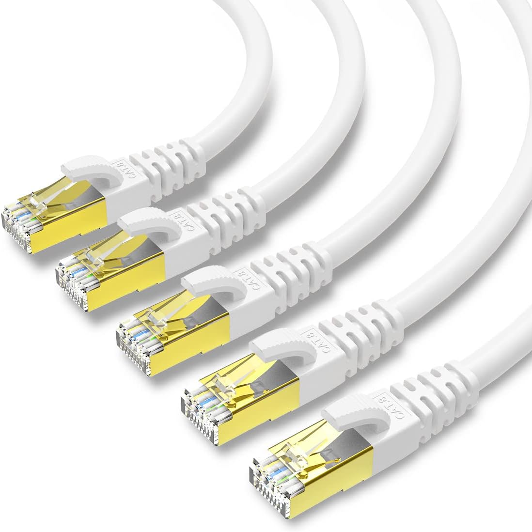 KASIMO CAT 8 Ethernet Cable SFTP Internet Network Patch Cord, Heavy Duty High Speed LAN Cables w Gold Plated RJ45 Connector Professional for Router, Modem, Gaming, Xbox (1 Feet, 5 Pack White)