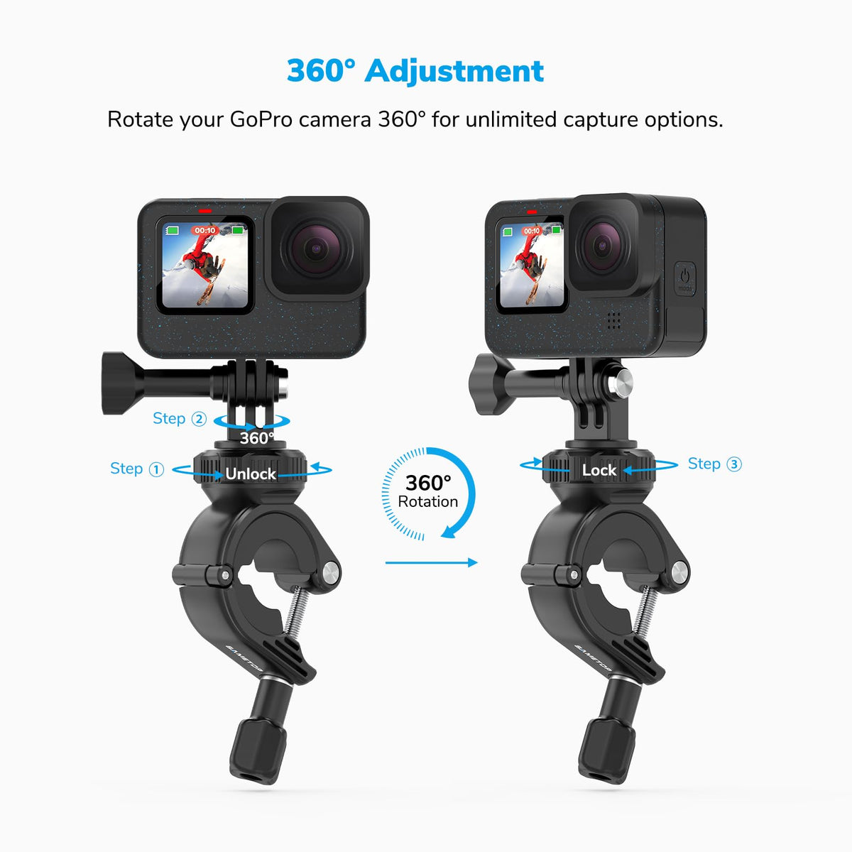 Sametop Handlebar Bike Pole Mount Motorcycle Clamp Mount Compatible with GoPro Hero 13 12 11 10 9 8 7 6 5 Session DJI Action Cameras - 360 Degree
