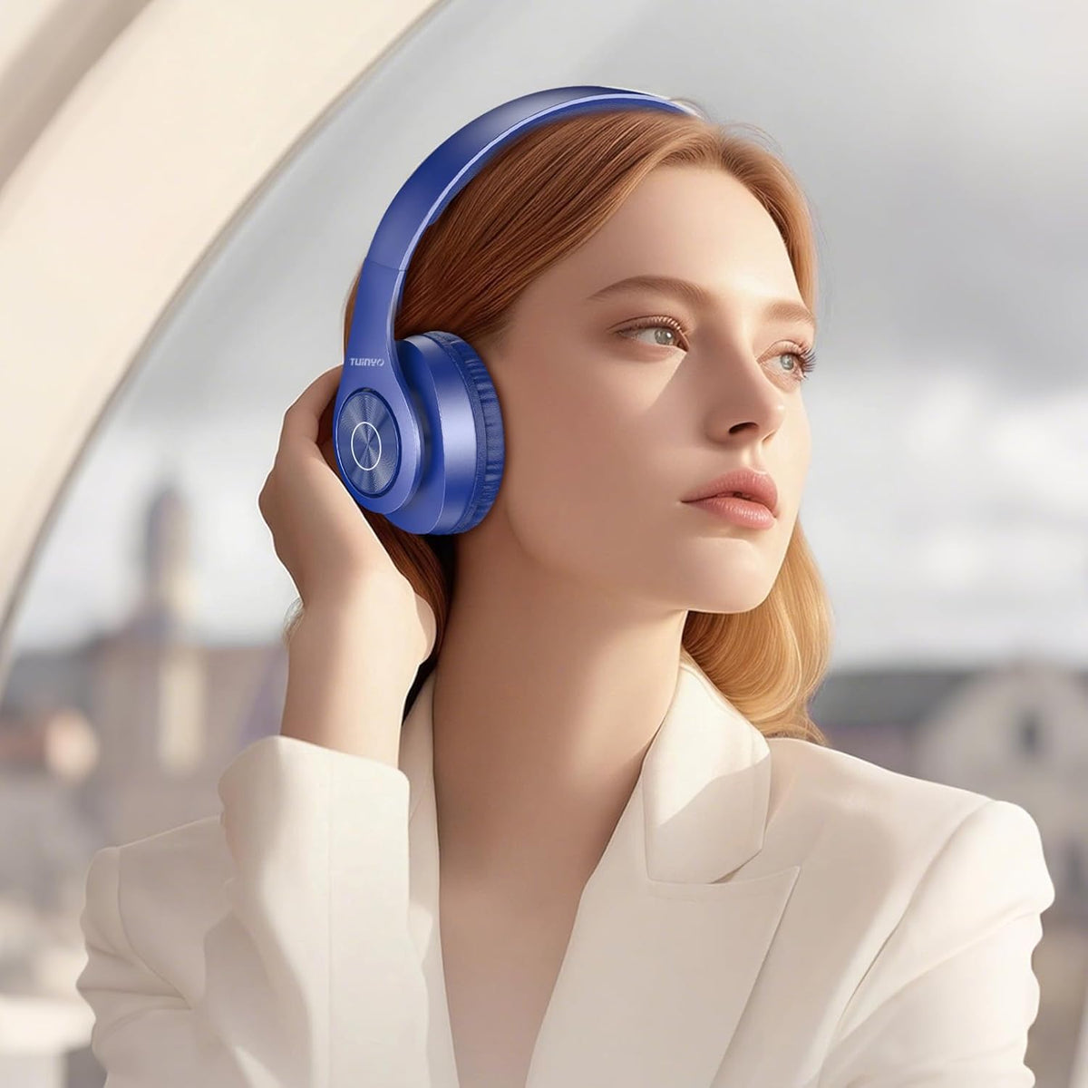 TUINYO Bluetooth Headphones Wireless, Over Ear Stereo Wireless Headset 40H Playtime with deep bass, Soft Memory-Protein Earmuffs, Built-in Mic Wired Mode PC/Cell Phones/TV-Dark Blue