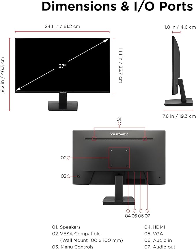 Viewsonic VA2748-MH 27 Inch Full HD 1080p IPS Monitor with 120Hz Variable Refresh Rate Eye Care HDMI and VGA Inputs for Home and Office