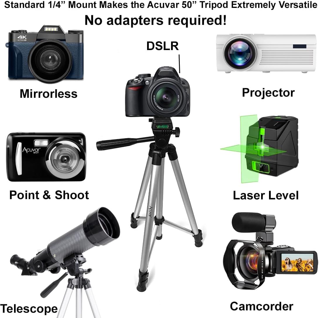 Acuvar 50 Inch 3-Way Lightweight Camera Tripod with Pan & Tilt Head Aluminum DSLR Tripod Stand with Quick Release Plate