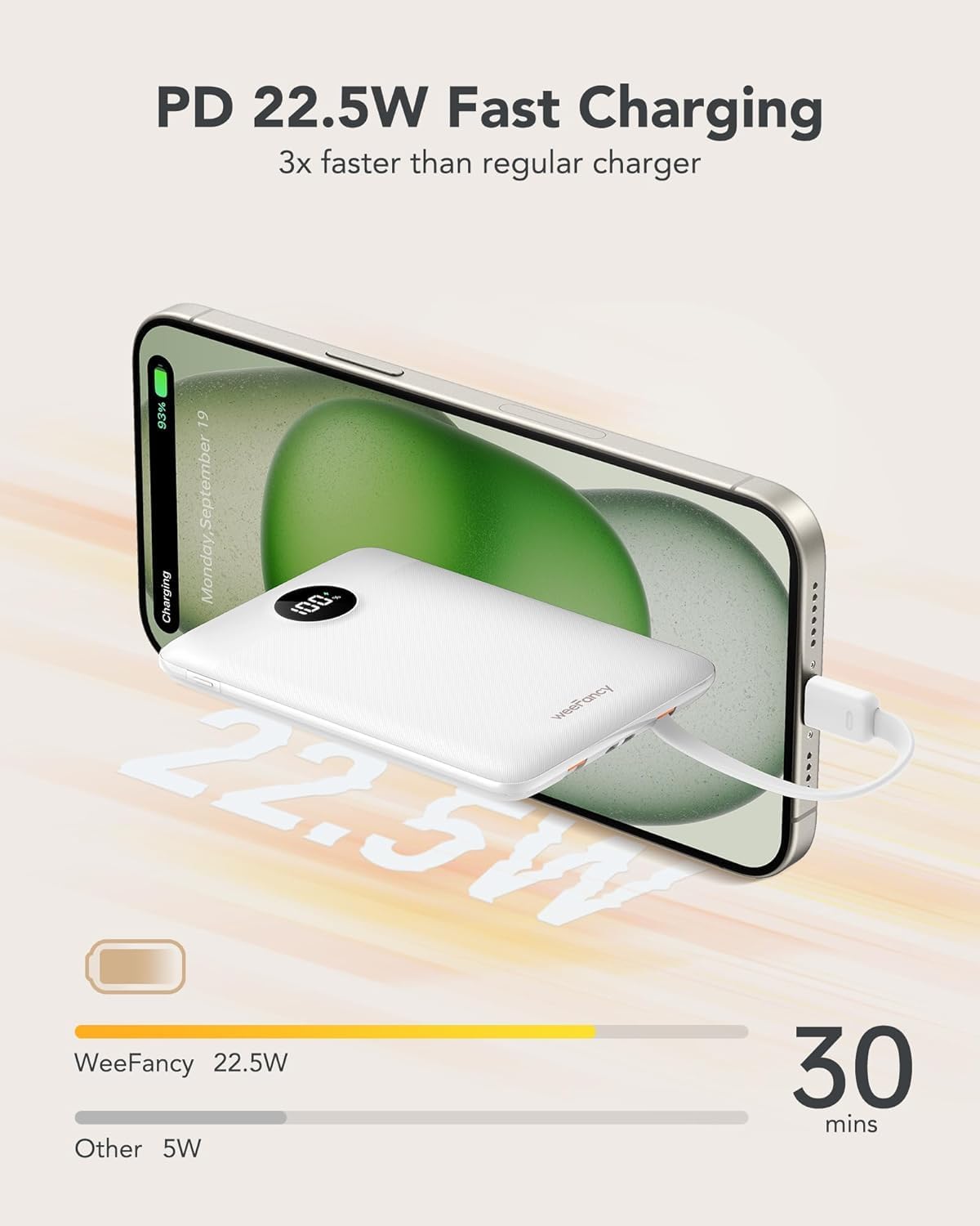 Mini Portable Charger with Built-in Cables 22.5W Fast Charging Power Bank USB-C Small Battery Pack 10000mAh Travel Essential Slim Battery for iPhone 16/15/14, Samsung 25/24, and More
