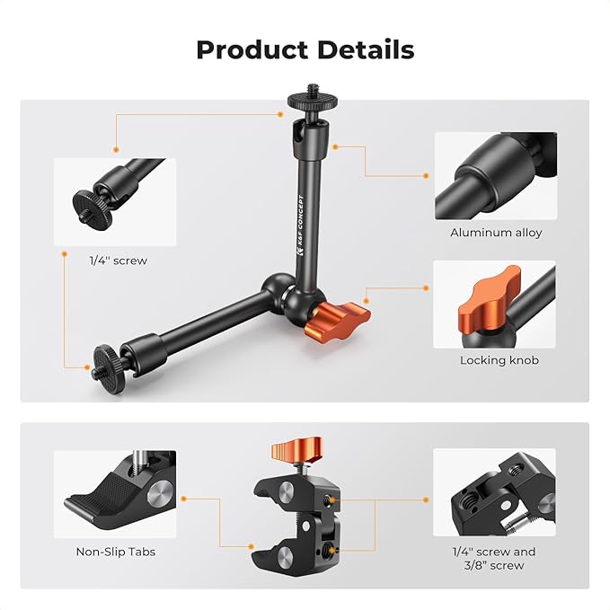 K&F CONCEPT 9.8" Magic Arm, 1/4" Screw Camera Mount Arm 360° Ball Heads