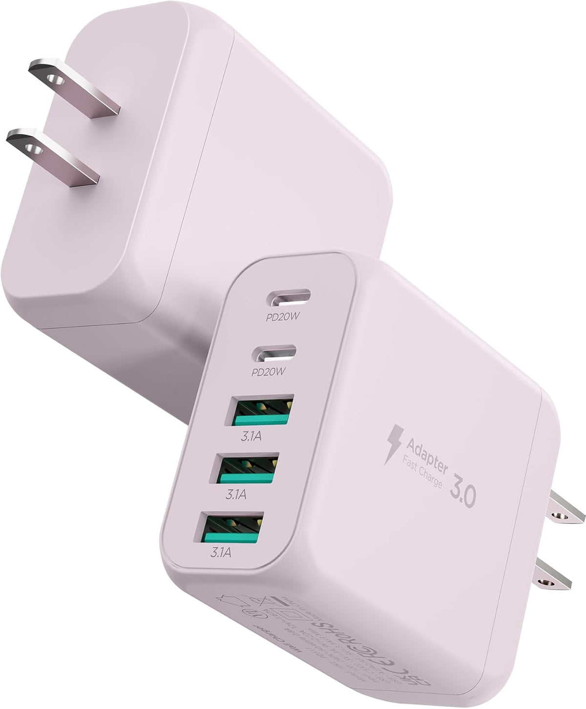 2-Pack Type C Fast Charging, 50W 5-Port USB Wall Charger Cube for iPhone 16 15 14 13 12 11 Pro Max XS, iPad, Samsung & More - Pink