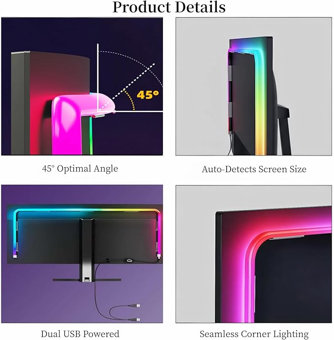 Upgrade RGB LED Strip for 24-Inch PC Monitor Smart Monitor Backlight with Screen Sync &amp Music Mode 45° Wide Angle USB Powered for Desktop/Laptop