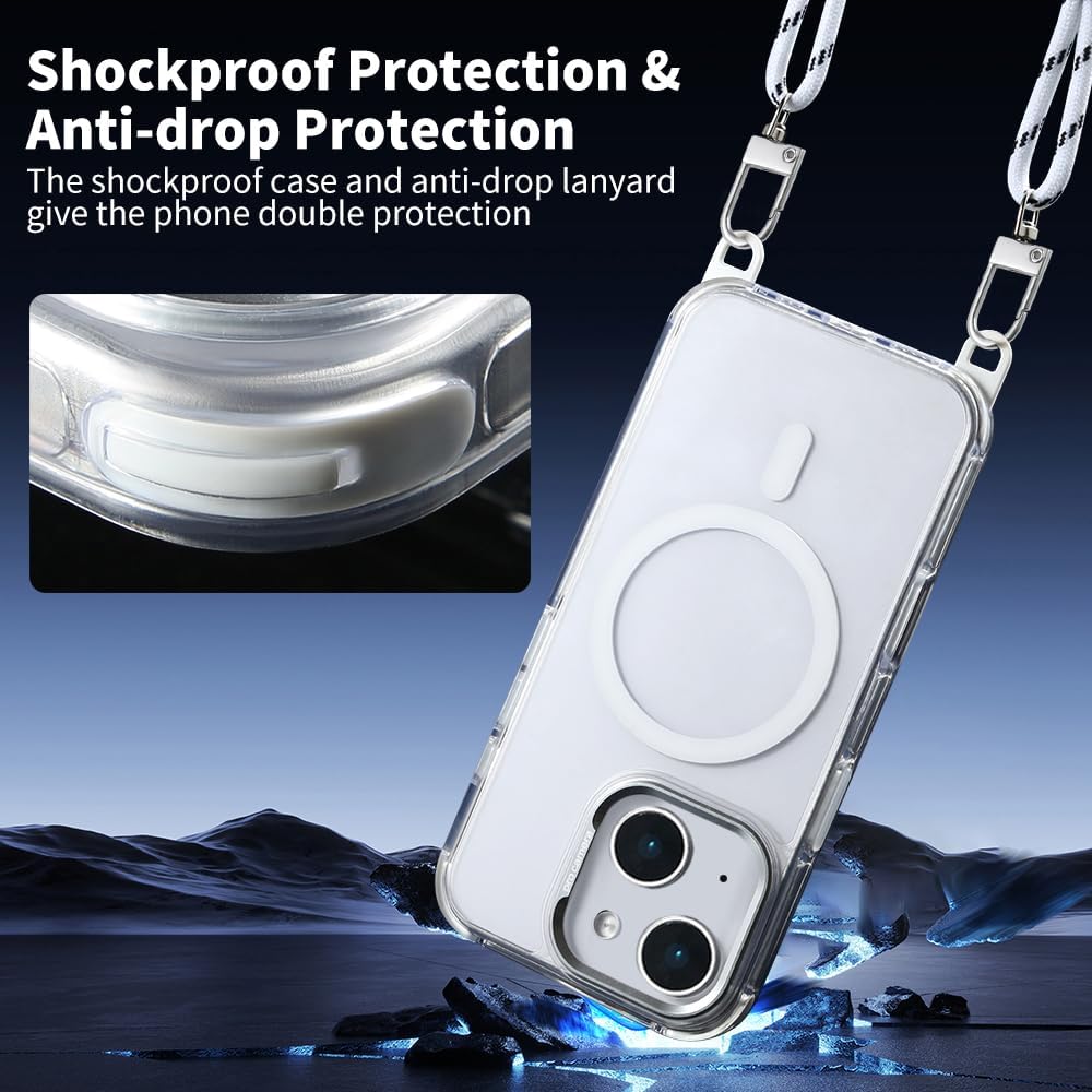 for iPhone 15 Case with 62.99 inch Lanyard, Classic Clear&White Magnetic Phone Case, Drop&Shockproof Protection Cases, Phone Lanyard for Around The Neck, Compatible with Magnet Accessory