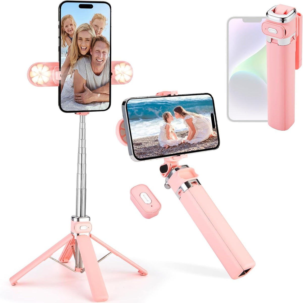 Mini Phone Tripod Stand,MQOUNY 38" Phone Tripod &Selfie Stick with Wireless Rechargeable Remote & Removable Light, Extendable Tripod Stand 360 Rotation Compatible with Phone&Android (MEI-Pink)