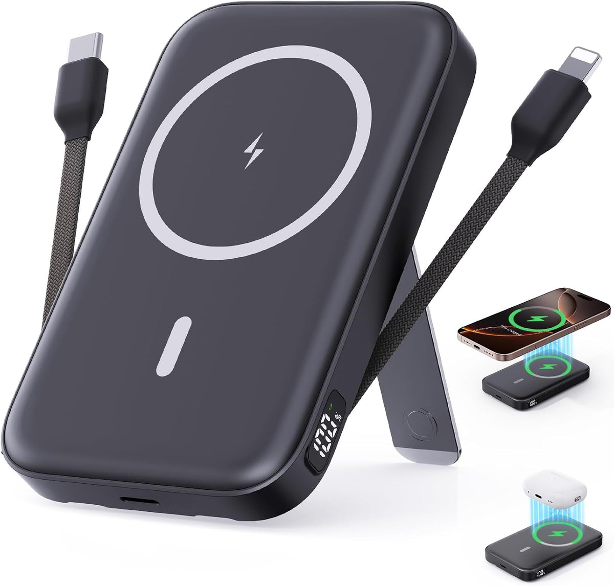 2025 Latest Portable Charger, 16800mAh Magnetic Wireless Power Bank with 2 Built in Cables, LED Display Battery Pack Travel Essentials for iPhone 16/15/14/13/12/Pro/Mini/Pro Max Andriod