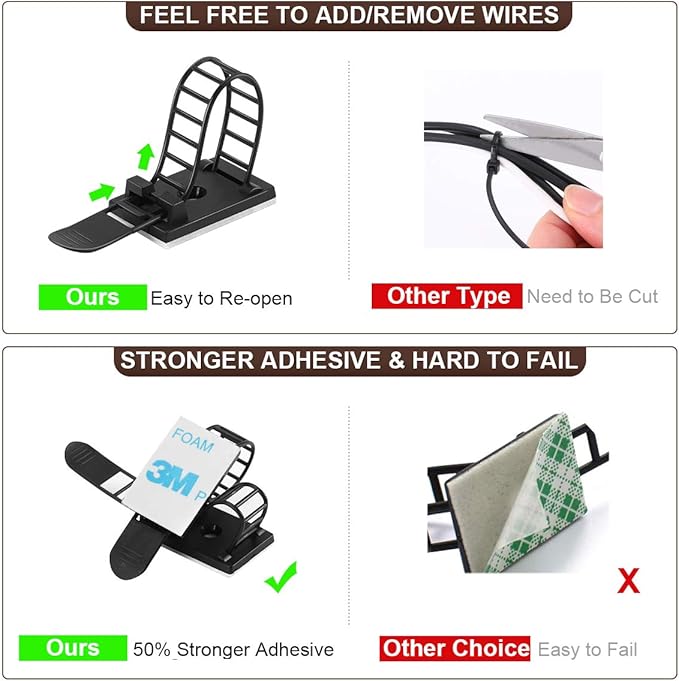 Adhesive Cable Management Clips, 50Pcs Adjustable Nylon Cable Strap Ties Wire Clips Clamps Organizer with Strong Adhesive Tape, Extra Screw & Hole for Strong Fixation Home Office - 3.55 Inch Black