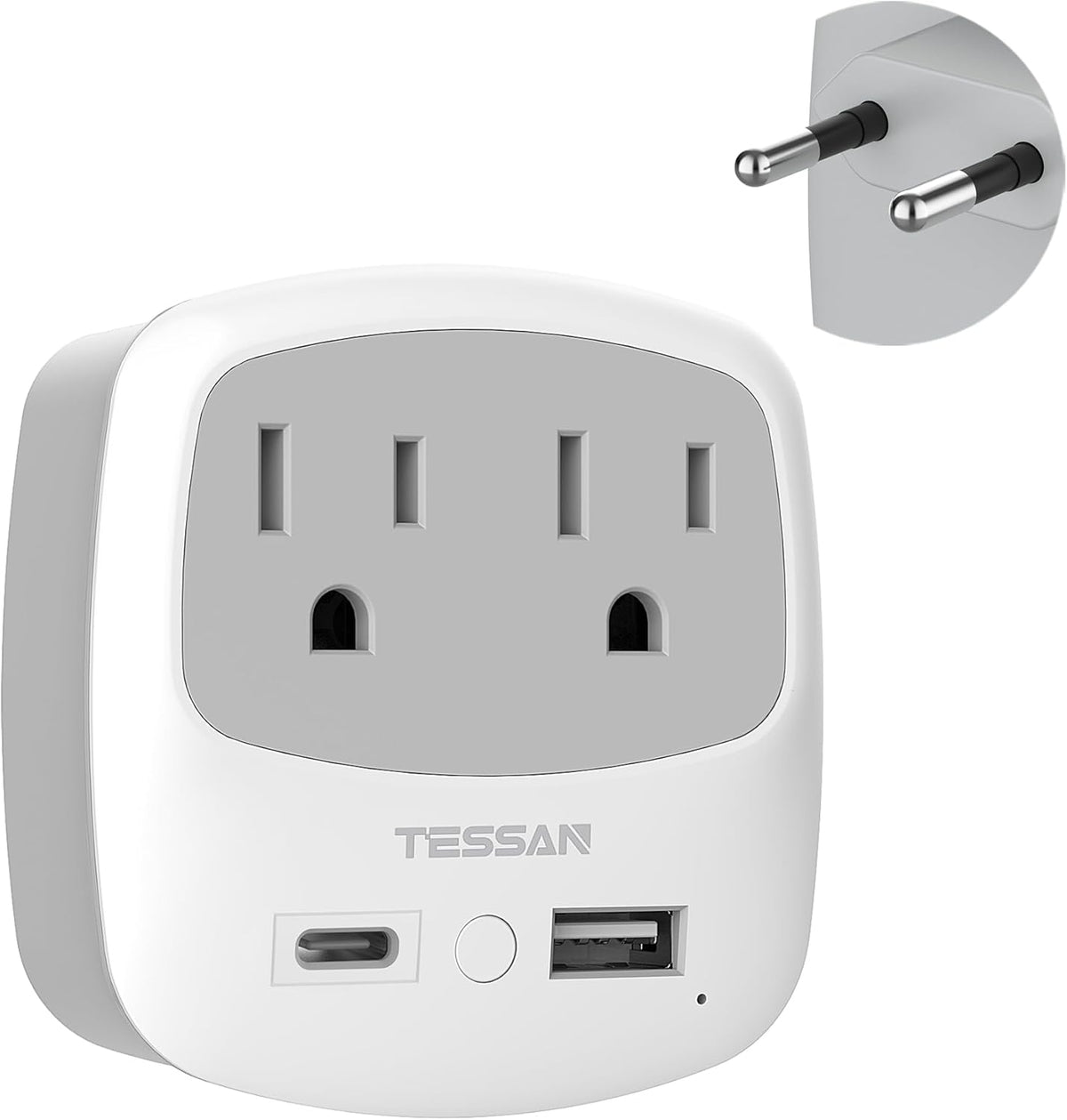 European Travel Plug Adapter, TESSAN Type C Adaptor with 2 Electrical Outlets 2 USB Ports (1 USB C), EU Power Adapter for US to Europe International Iceland Spain Italy France Germany Greece
