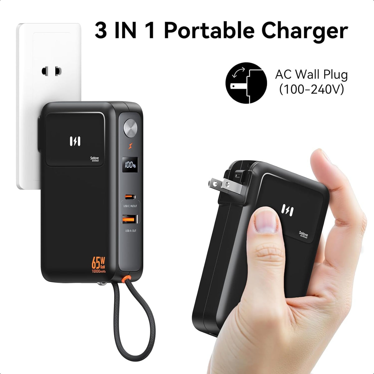 Fast Charging Portable Charger Power Bank 10,000mAh PD35W USB-C Battery Pack with 65W GaN Wall Charger, Built in USB C Cable for iPhone 16/1514/13 Series, Laptop, Samsung, Pixel, MacBook, Dell