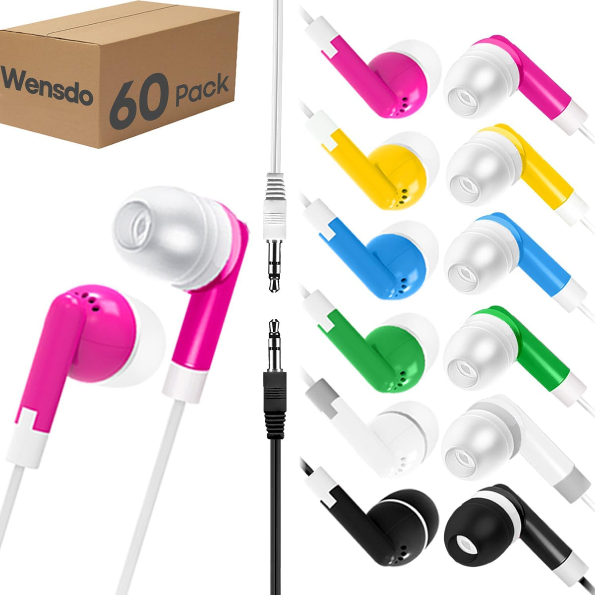 60 Pack 3.5 mm Earbud Bulk Kids Headphone for Classroom School, Wholesale Class Room Students Wired Earphones with Jack