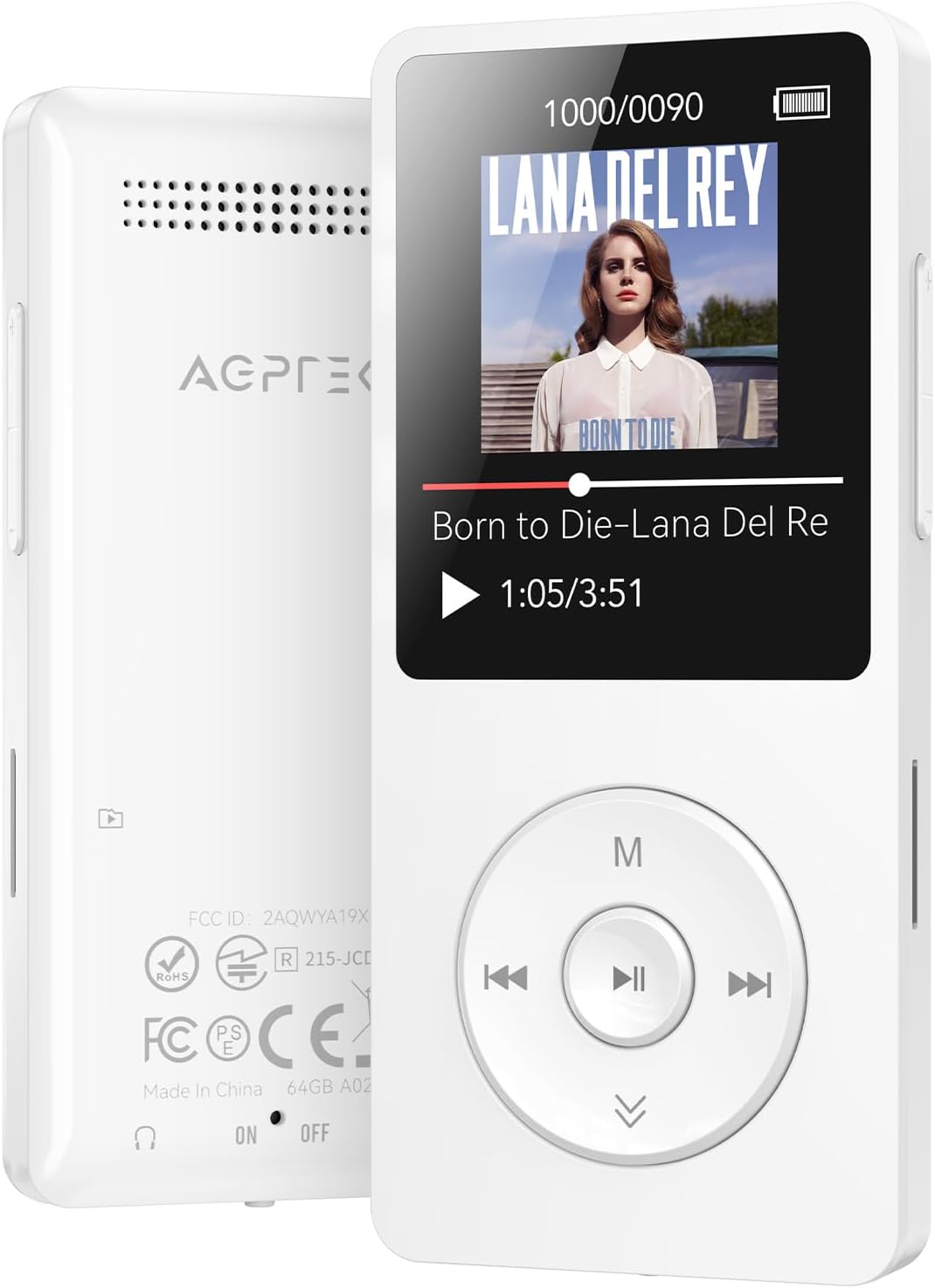 AGPTEK A02 MP3 5.3, 1.8 inch 128GB(White, 64GB) Player with Bluetooth Screen Portable Music Player with Speaker, FM