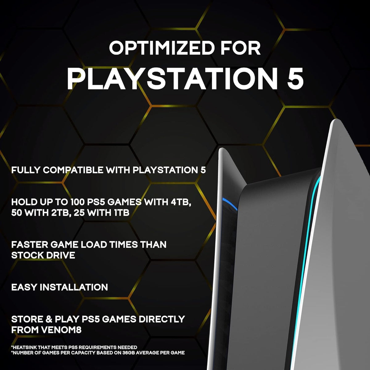 Fantom Drives VENOM8 4TB NVMe Gen 4 M.2 SSD for PlayStation 5 (PS5) Gaming PC & Laptop, Graphics, Video Editing - 3D NAND TLC DDR4 DRAM Cache Internal SSD - Up to 7400MB/s - w/Heatsink (VM8X40-PS5)