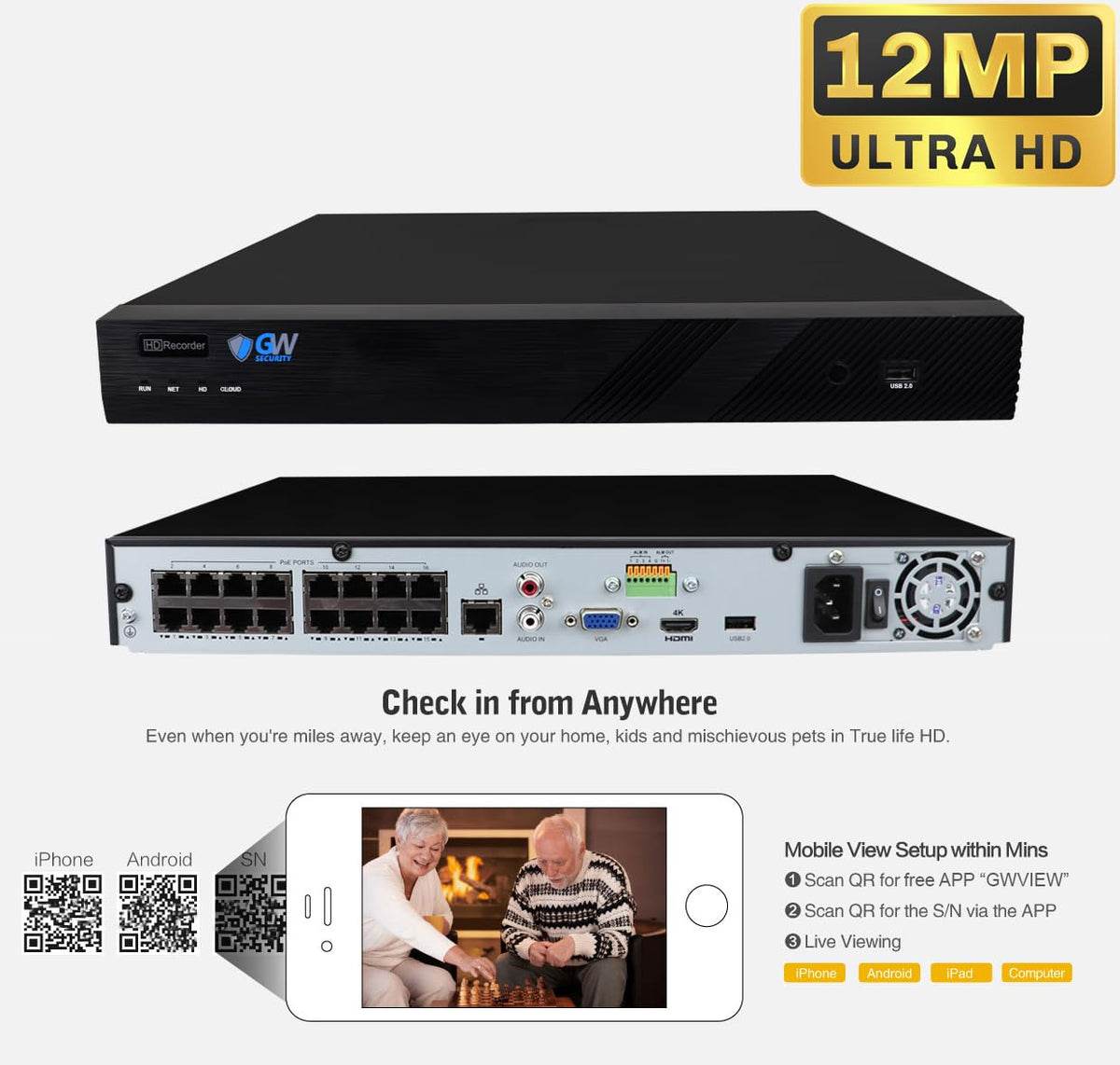 GW Security 16 Channel 12MP NVR 4K H.265+ Face Recognition Surveillance Security Camera System with 8 UltraHD 4K 8MP IP PoE Microphone Dome Security