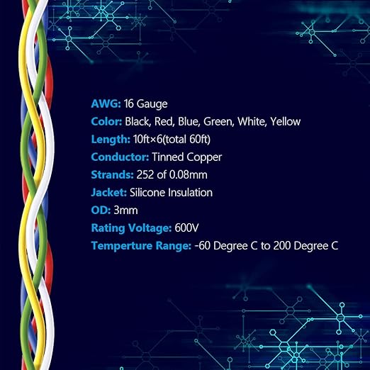 Fermerry 16 AWG Stranded Wire Spool 10ft Each 6 Colors Flexible 16 Gauge Silicone Hook up Wire Kit Electrical Tinned Copper Wire