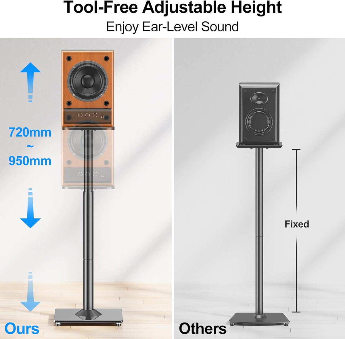 MOUNTUP Universal Speaker Stands Pair 28.3" to 37.4" Height Adjustable Floor Speaker Stands, Holds Bookshelf & Satellite Speaker Large Speaker, Up to 22LBS Cable Concealing 9.8" Plate Black MU9132-L