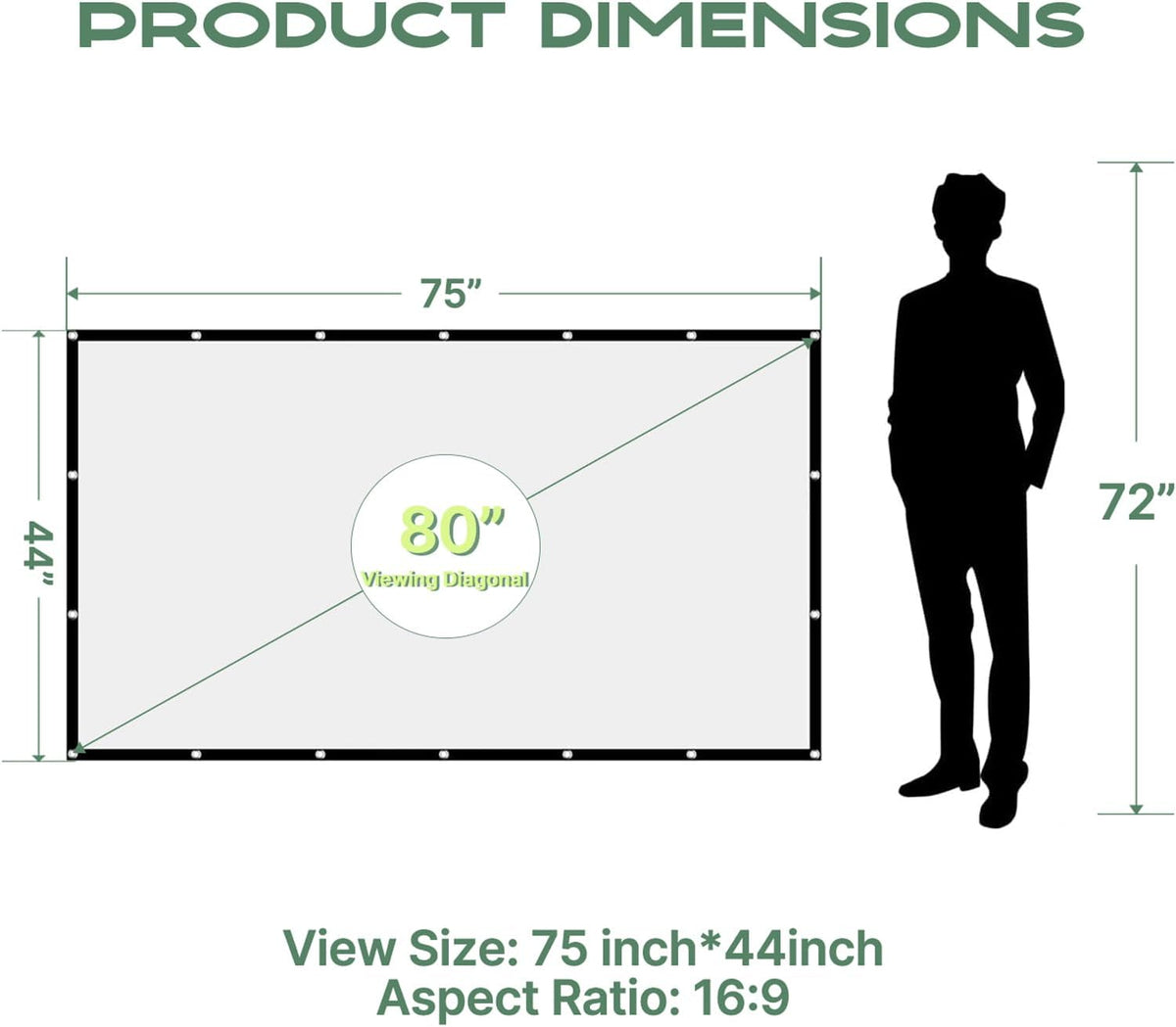 AAJK 80 inch 16:9 Projector Screen, Washable Projector Screen Foldable Anti-Crease Portable Projector Movies Screen