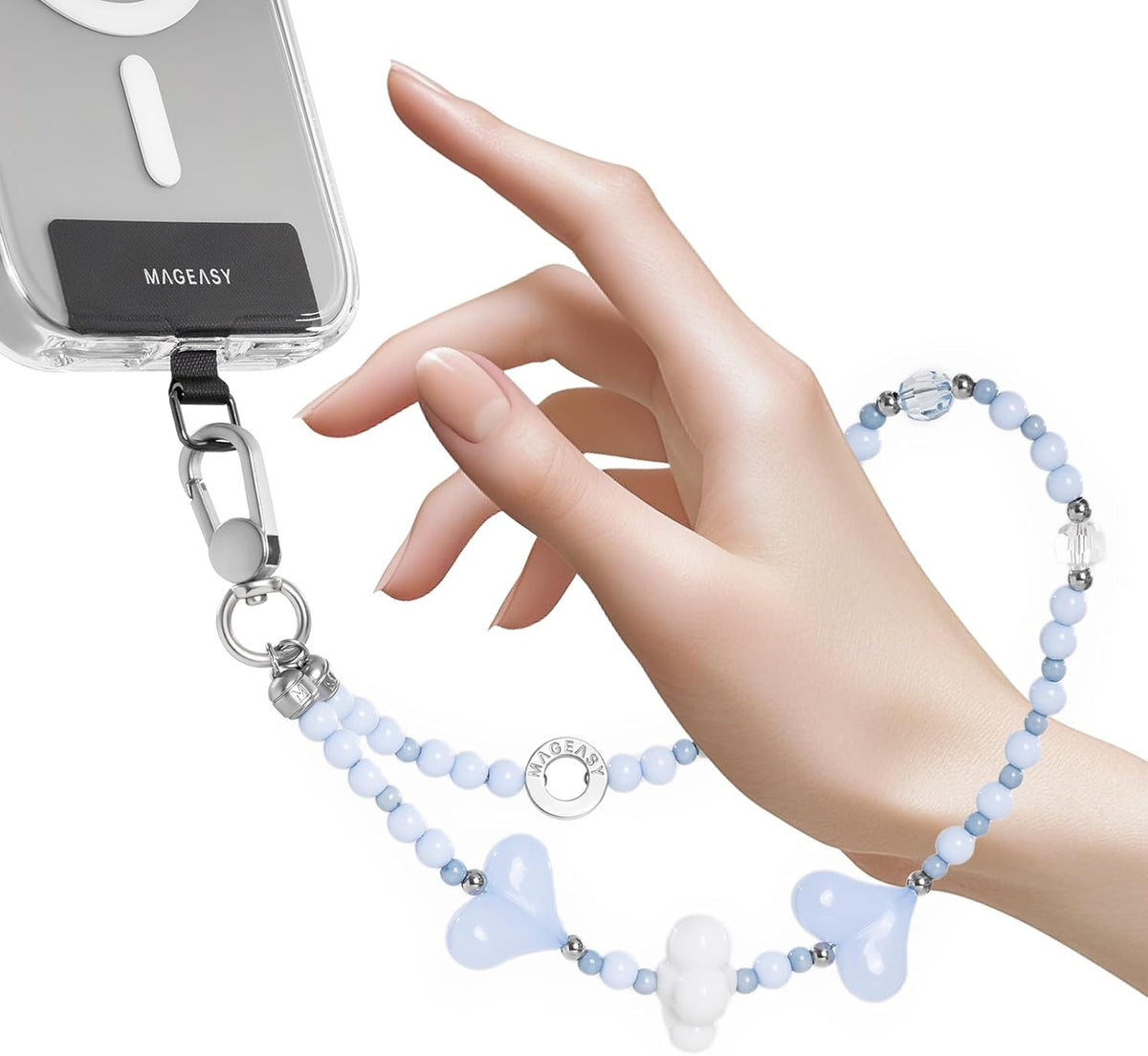 MAGEASY Beaded Phone Charm for Women - Cell Phone Wrist Strap with Teather Tab, Designed for iPhone & Android Phones, Keychain, Camera - Heart Fluff