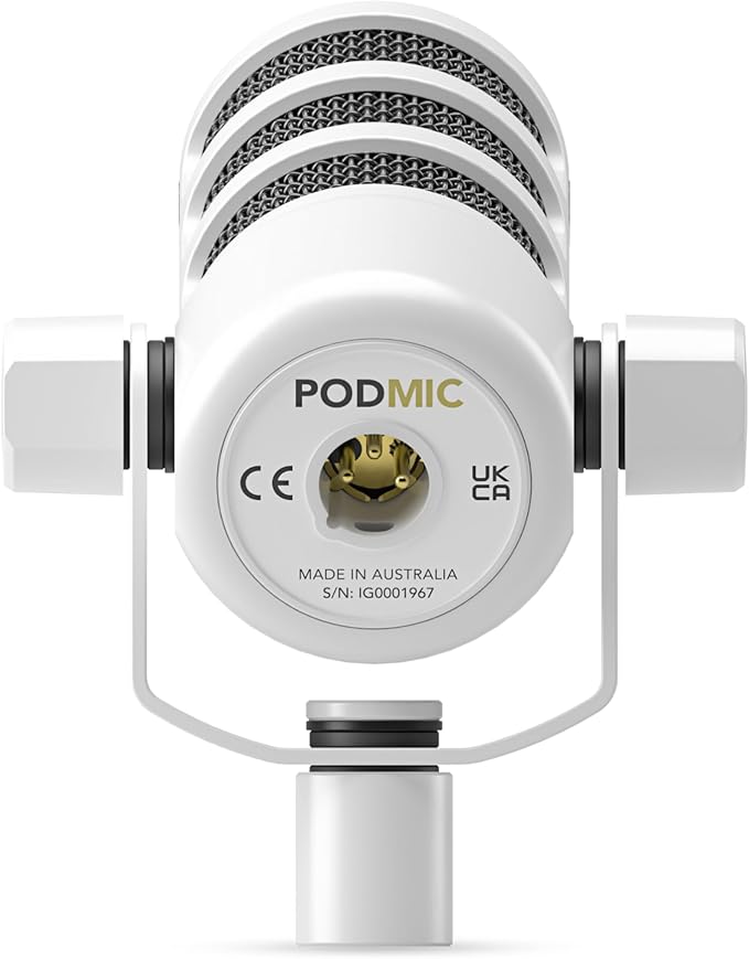 Rode PodMic White (Pair) Cardioid Dynamic Broadcast Microphones with 2X PSA1+ Broadcast Microphone Boom Arms and 2X XLR Cables