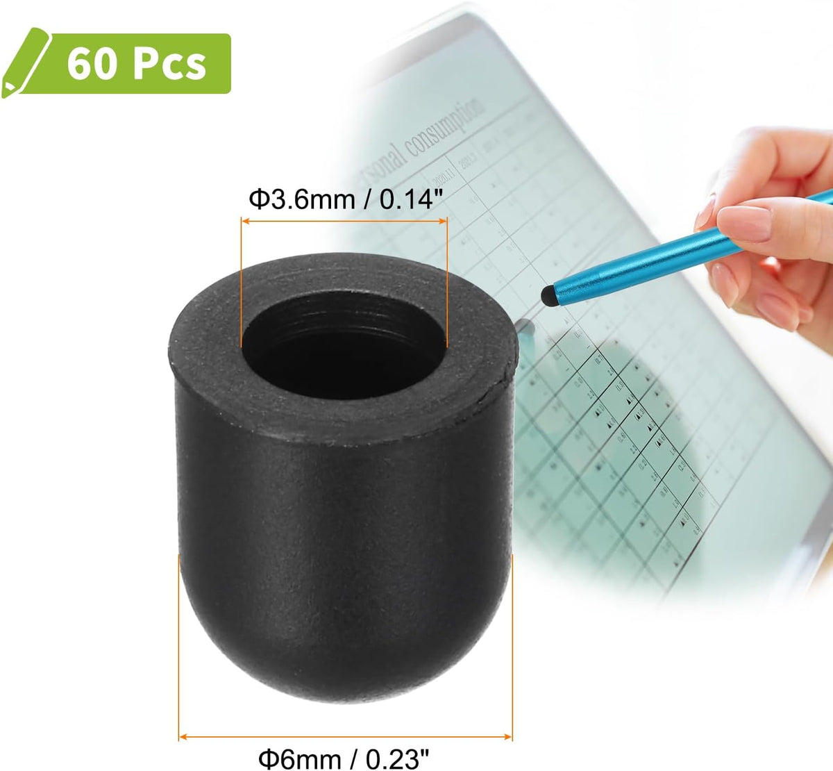 MECCANIXITY 60Pcs Replacement Stylus Pen Tips 6mm Conductive Capacitive Touch Screen Pens Tips Silicone Rubber, Black