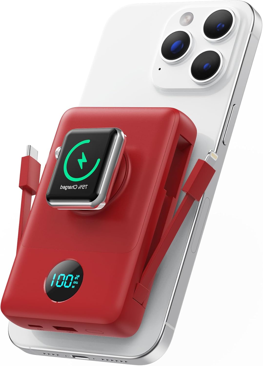 Magnetic Portable Charger for iPhone with Built-in Cables, 6-in-1 10800mAh Power Bank with iWatch Charger & LCD Display,25W Fast Charging Battery Pack for iPhone 16/15/14/13/12,Apple Watch (Red)