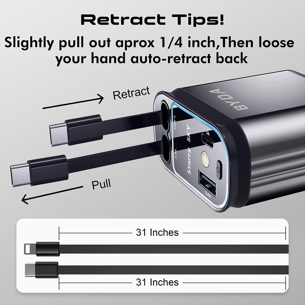 Fast Car Charger 4 in 1 Retractable Car Charger 69W with Starry Light,USB-C Fast Car Accessories,Compatible with All iPhones All Android Phones (Grey, Dual Cord USB-C)