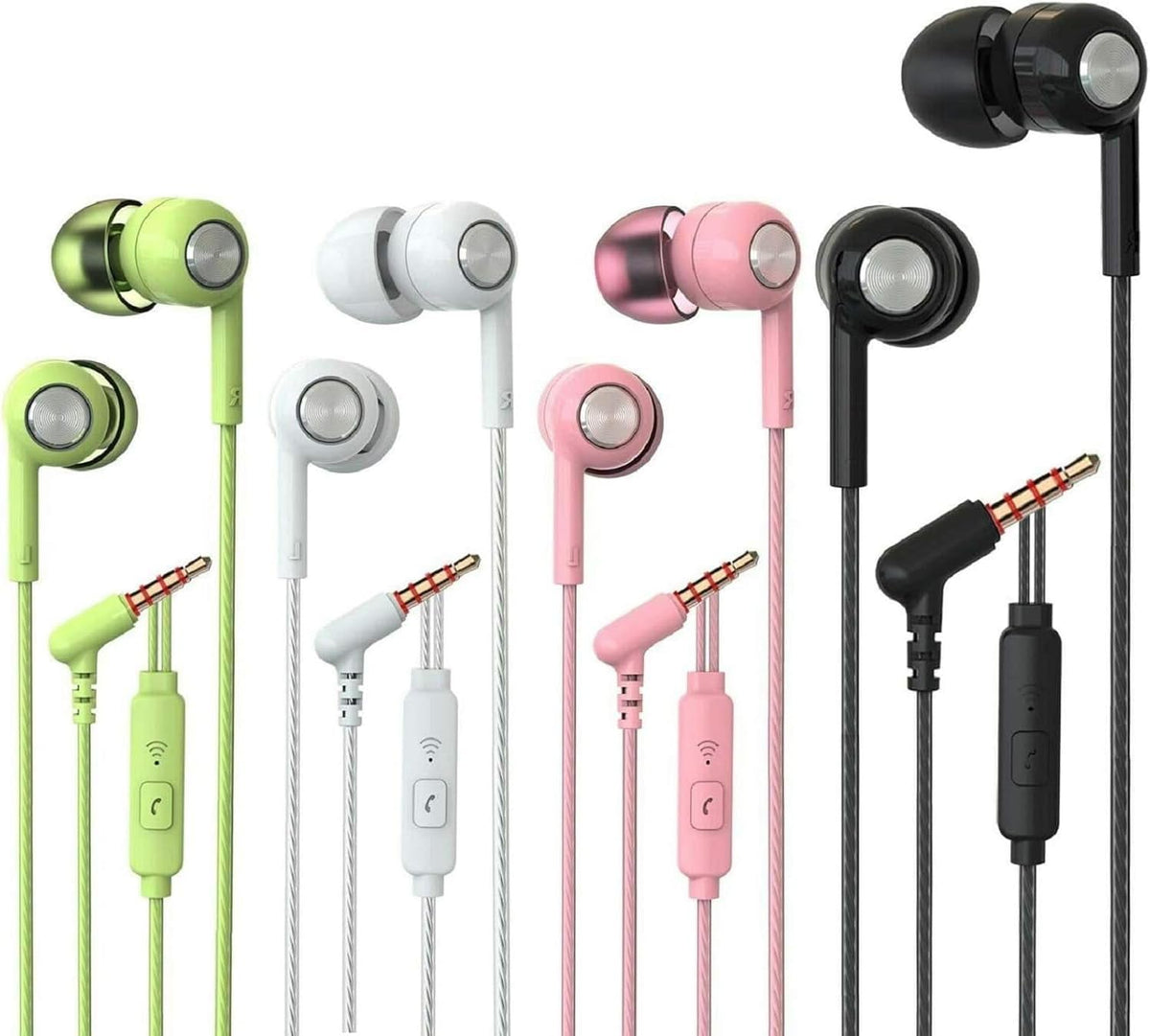 YNR 4 Pairs Wired Earbuds with Microphone, in Ear Earphones with L Shape Jack, High Definition Heavy Bass, for 3.5mm Jack iPhone iPad iPod Samsung Google Devices (Black White Pink Green)