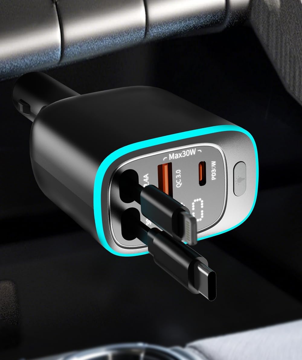 Retractable Car Charger 90W USB C Car Charger Adapter Fast Charging, Gift for Men, Car Accessories