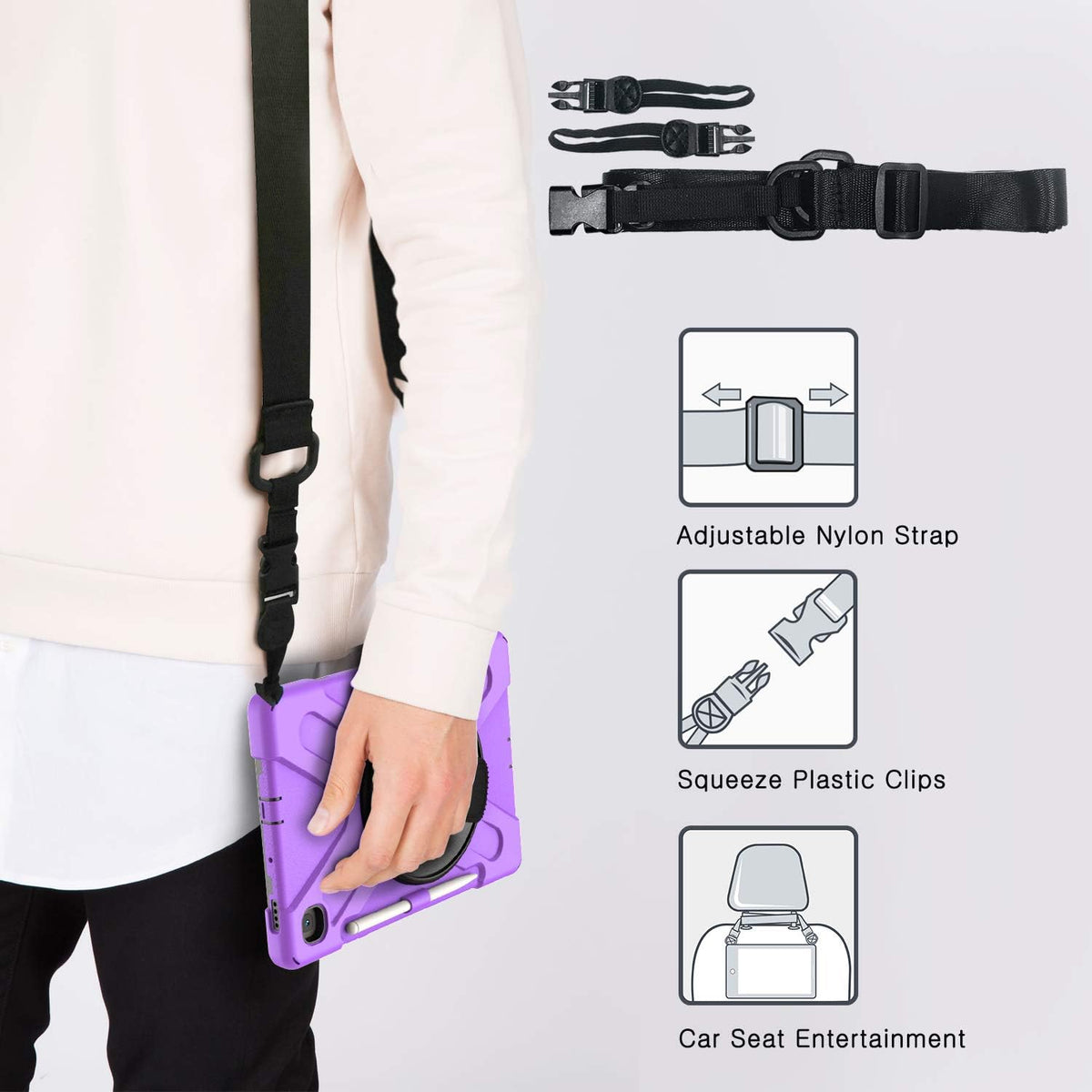BRAECN for Galaxy Tab S6 Lite Case 10.4'' 2024,Rugged Protective Kids Case with Kickstand, Shoulder Strap, Hand Strap, S Pen Holder for Samsung Galaxy Tab S6 Lite 10.4“2024/2022/2020 -Purple
