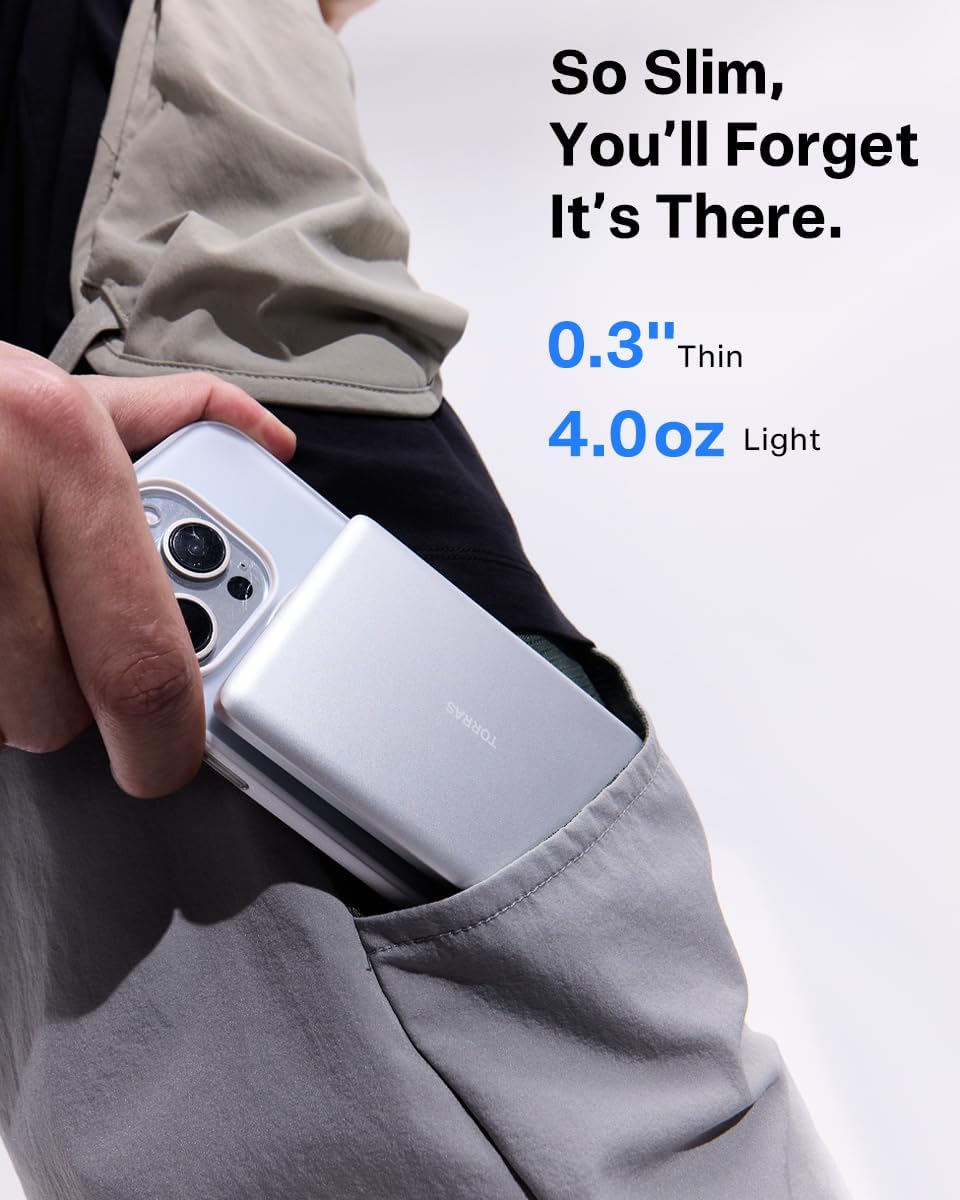 TORRAS Magnetic Portable Charger, 5,000mAh Wireless Power Bank with USB-C Cable, [Ultimate Slim] Fast Charging Durable Battery Pack for iPhone 15 Pro Max /15 Pro/15/14/13/12, Silver White