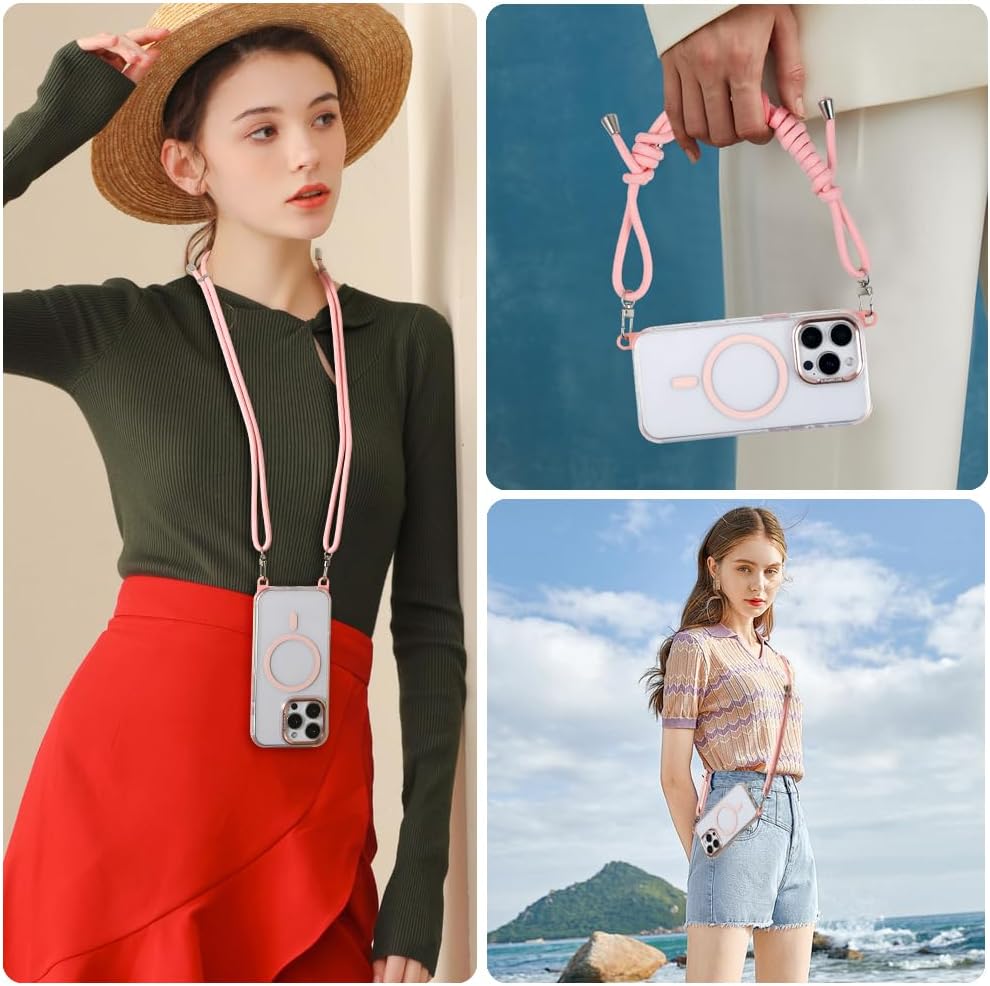 for iPhone 14 Pro Max Case with 62.99 inch Lanyard, Classic Clear&Pink Magnetic Phone Case, Drop&Shockproof Protection Cases, Phone Holder Lanyard, Compatible with Magnet Accessory