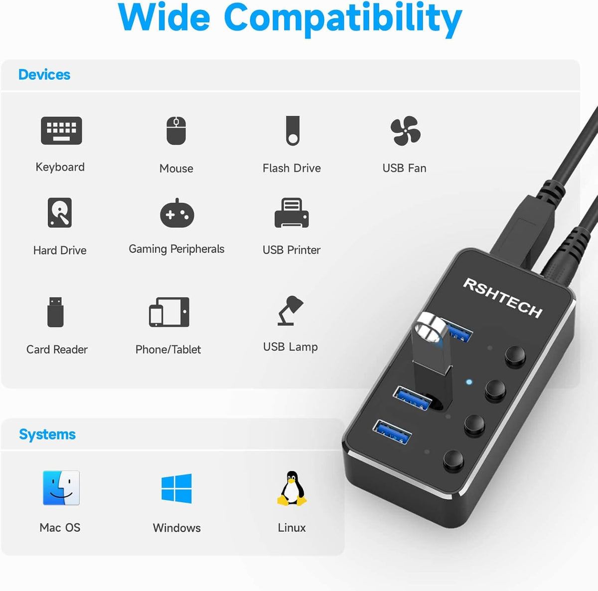 USB 3.0 Hub RSHTECH 4 Port Powered USB 3.0/USB C Hub Upgraded Version with 2-in-1 3.3ft USB Cable,5V Power Adapter and Individual Switches, Portable Aluminum USB Splitter for Laptop and PC, RSH-ST04