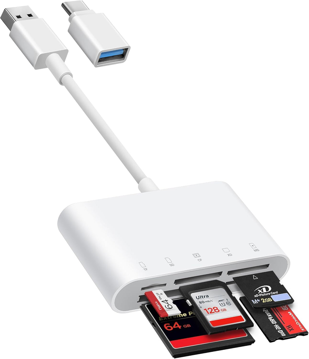USB-A and USB-C to SD Card Reader, Trail Camera Card Adapter with SD MicroSD CF Compact Flash Memory Stick XD Picture 5 Slots for iPhone 15 16 iPad Mac MacBook Pro/Air Laptop Pc