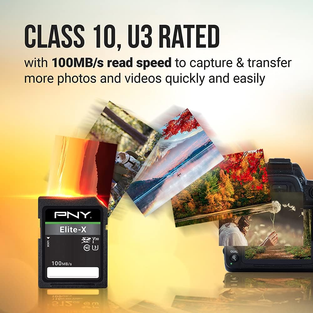 PNY 512GB Elite-X Class 10 U3 V30 SDXC Flash Memory Card - 100MB/s, Class 10, U3, V30, 4K UHD, Full HD, UHS-I, Full Size SD (Pack of 1)