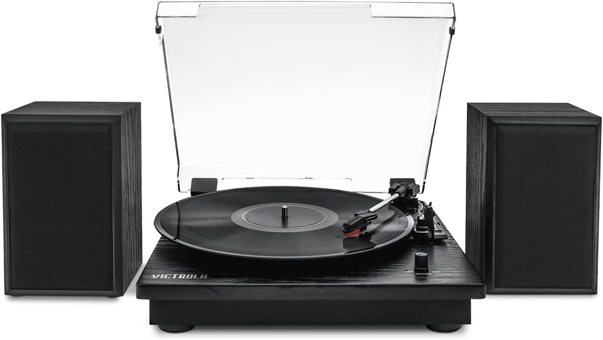 Victrola Montauk Vinyl Record Player, 3-Speed Belt Driven Turntable with Stereo Bluetooth Speaker Pair, RCA Output & 3.5mm Headphone Jack, Removable Dust Cover, Black Wood Finish