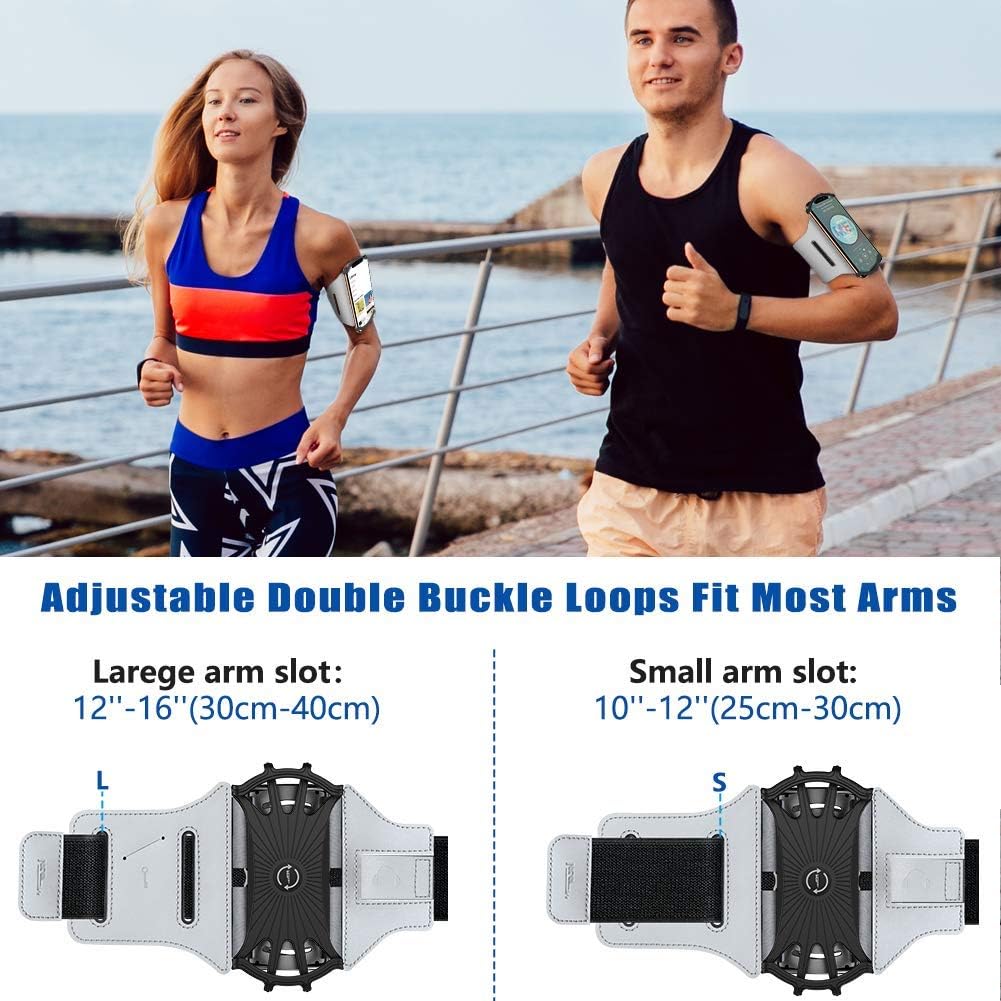 VUP Running Armband 360°Rotatable for iPhone 14/13/Pro Max/Pro/Mini/12/11/SE/Xs/XR/X/8/7/Plus, Fits All 4-6.7 Inch Smartphones, with Key Holder Phone Armband for Running Hiking Biking (Sliver)
