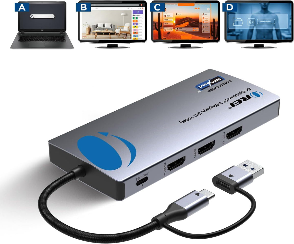 OREI SplitExtend Laptop Docking Station 3 Monitors - 2X USB 3.0, 1x Type-C, SD Card Reader - USB C Docking Station to HDMI 2.0 Extended Screen, 4K@30Hz Outputs - 100W PD