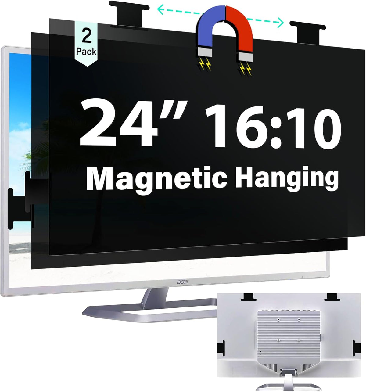 [2 Pack] Magnetic 24 Inch Computer Privacy Screen for 16:10 Aspect Ratio Widescreen Monitor, Hanging Eye Protection Anti Glare Blue Light Computer Monitor Privacy Filter, Removable 24in Protector Film